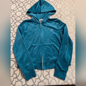Y2K Juice Couture Peacock Blue Bling Logo Hooded Zip Up Jacket. Size Medium